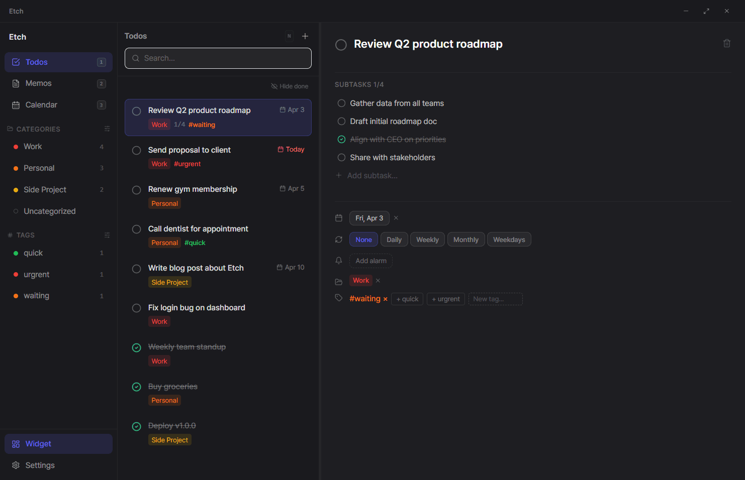 Etch full app — todos, categories, and detail view